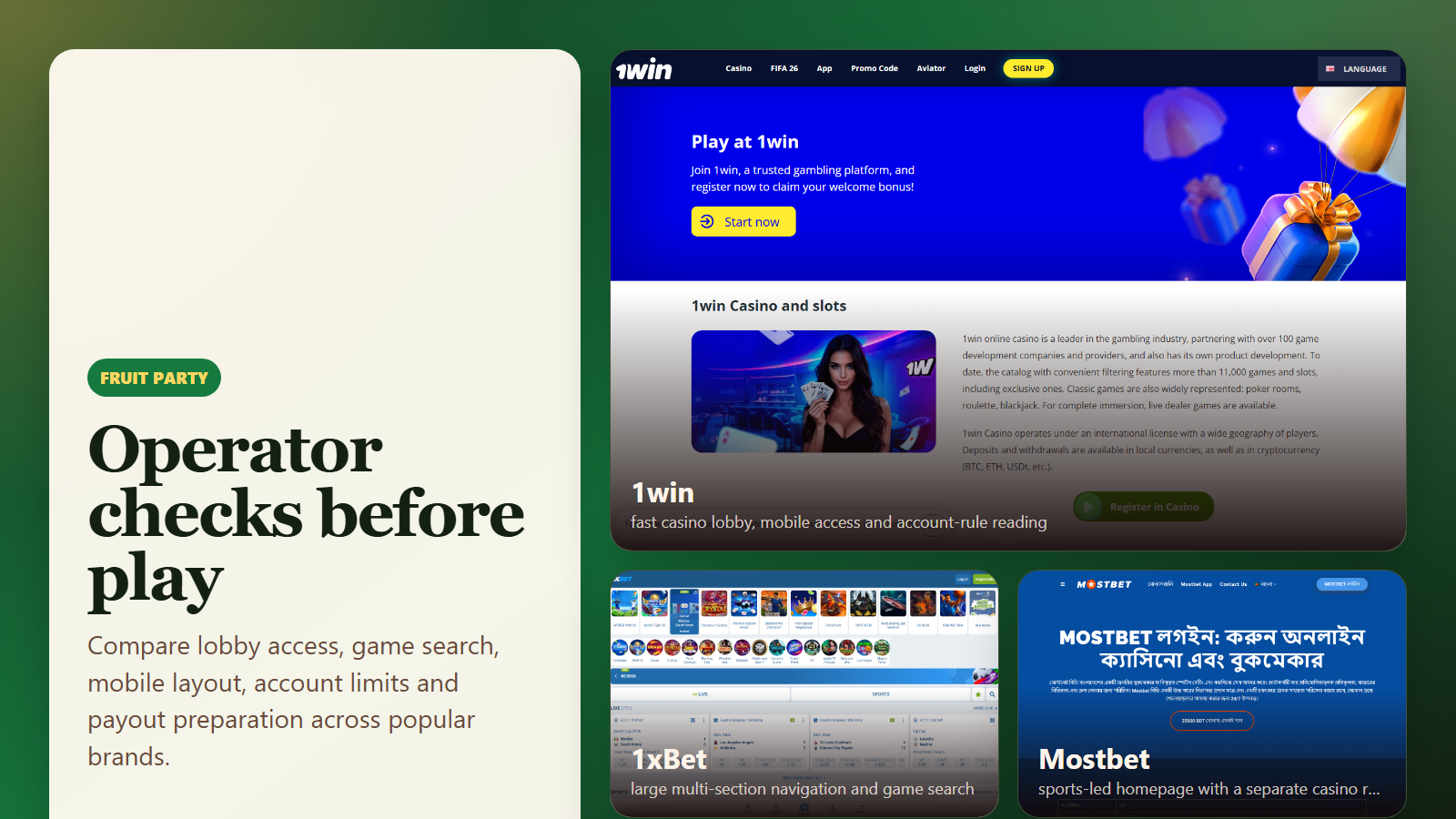Fruit Party operator check collage with real public page screenshots